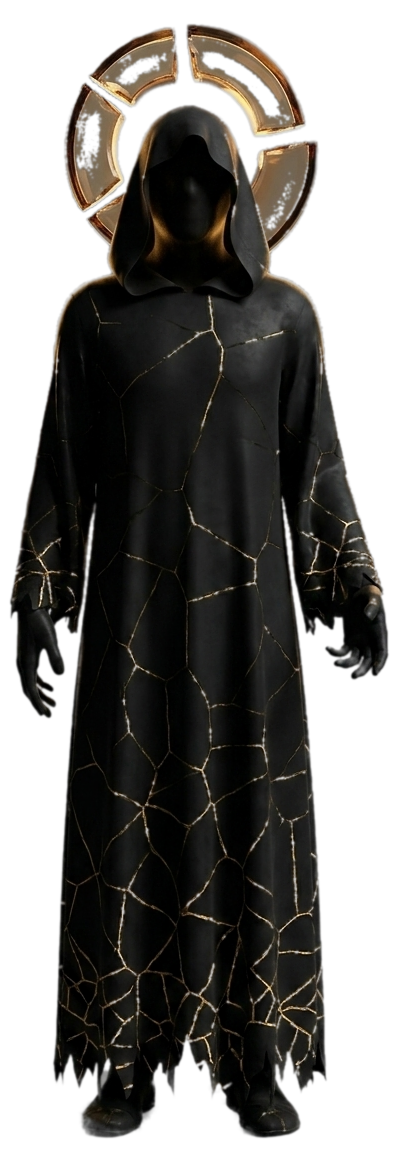 KAOS, the first god: a tall hooded figure in a black robe with thin gold fracture lines, a fractured gold ring halo floating behind the hood